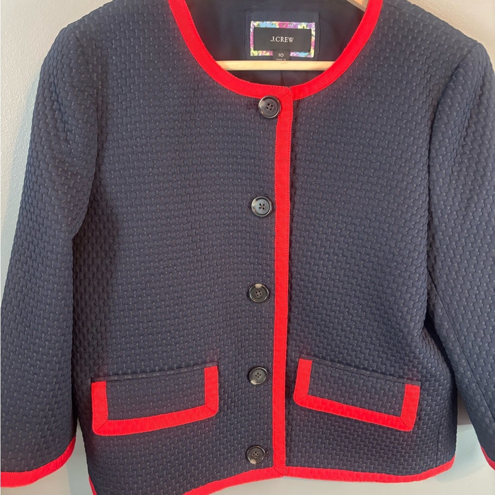 J.Crew Matelassé Lady Jacket Blazer - Navy with Red Trim - Size 10